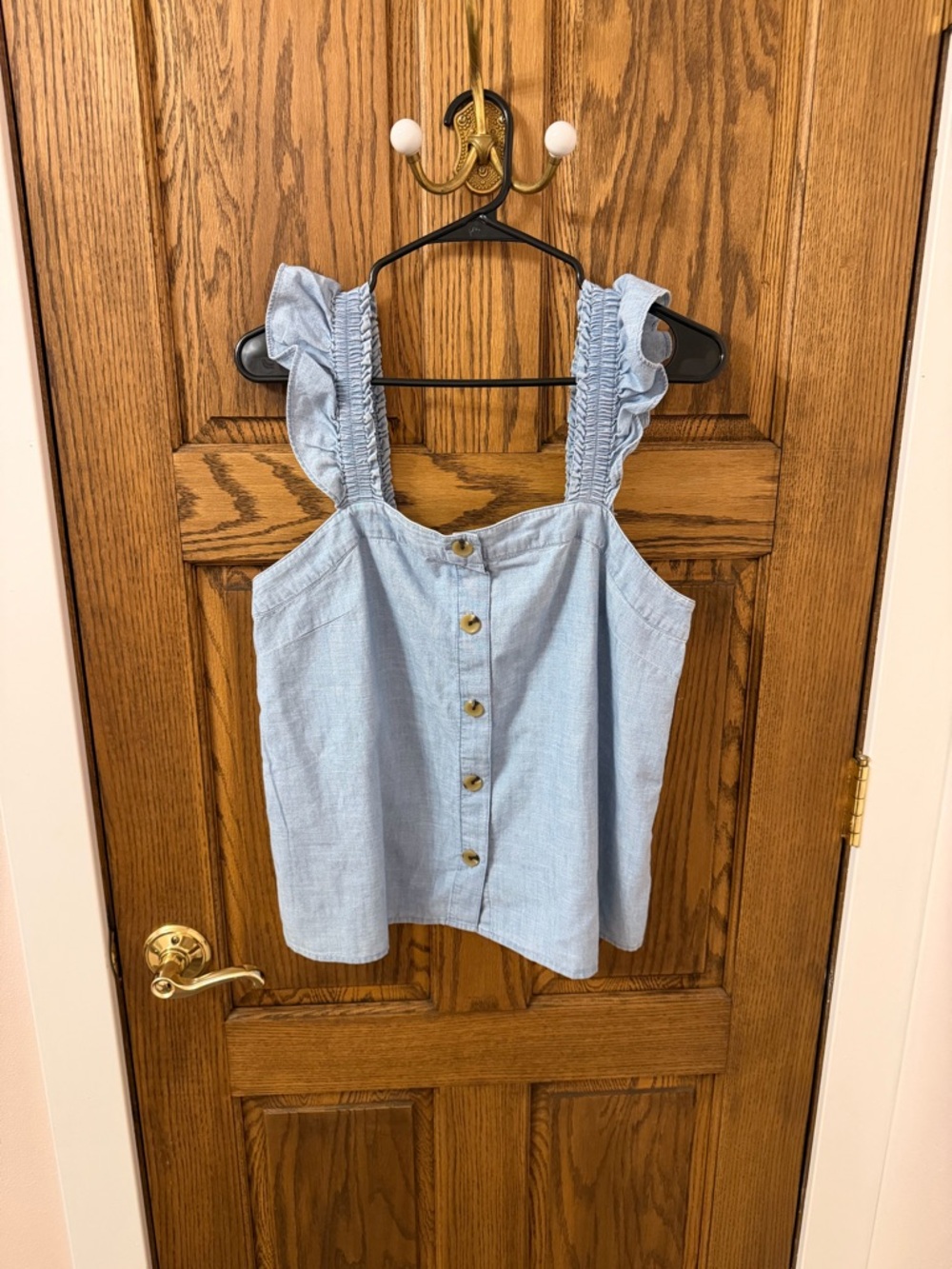 J. Crew Chambray Button-front Light Blue Tank Top With Ruffle Sleeves Small - Picture 3 of 9